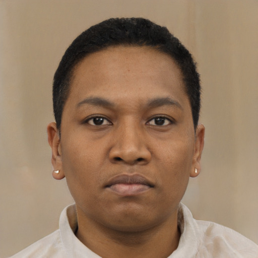 Neutral black young-adult male with short  black hair and brown eyes