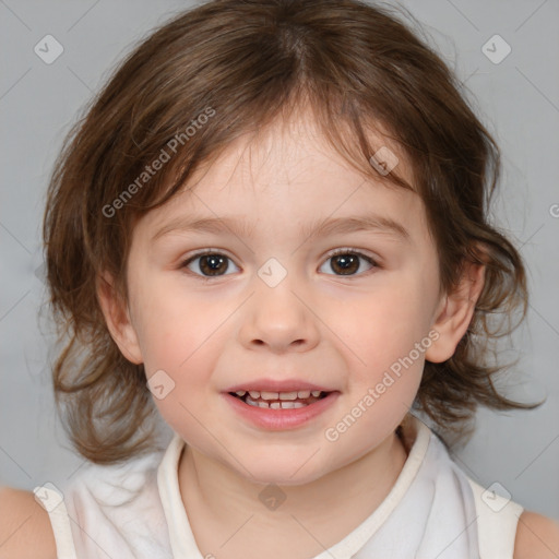 Joyful white child female with medium  brown hair and brown eyes