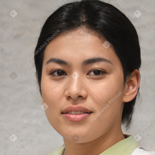 Joyful asian young-adult female with medium  brown hair and brown eyes