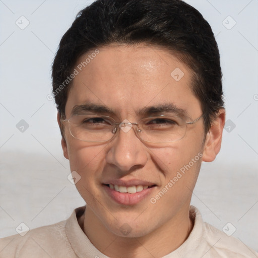 Joyful white adult male with short  brown hair and brown eyes