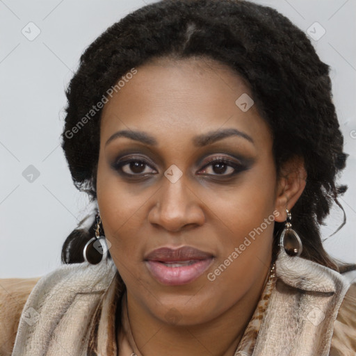 Joyful black young-adult female with long  brown hair and brown eyes