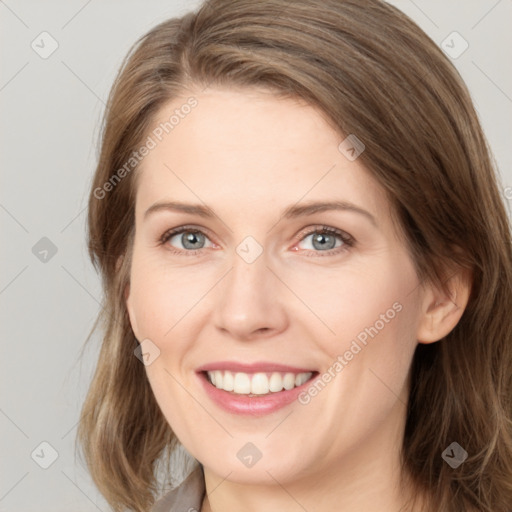 Joyful white young-adult female with medium  brown hair and green eyes