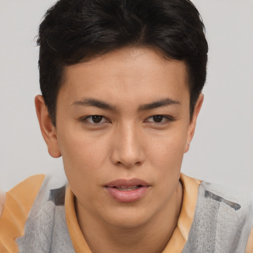 Neutral asian young-adult female with short  brown hair and brown eyes