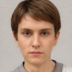 Neutral white young-adult female with short  brown hair and brown eyes