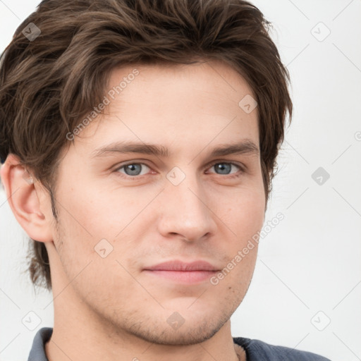 Neutral white young-adult male with short  brown hair and grey eyes