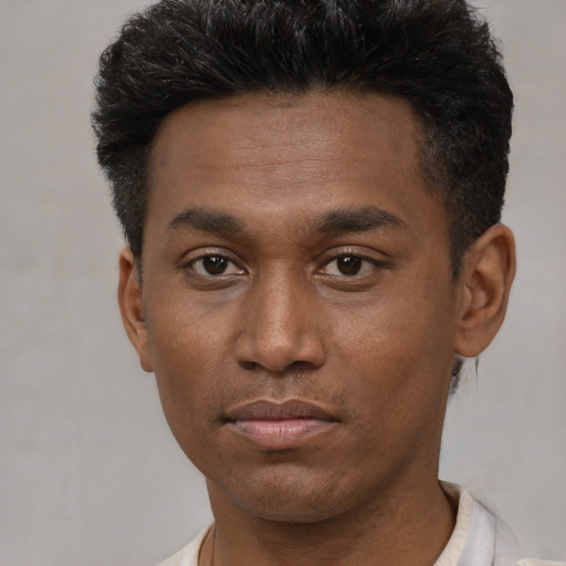 Neutral black young-adult male with short  black hair and brown eyes