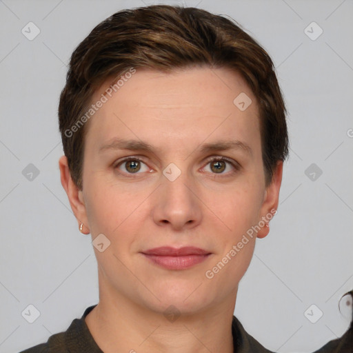 Joyful white young-adult female with short  brown hair and grey eyes