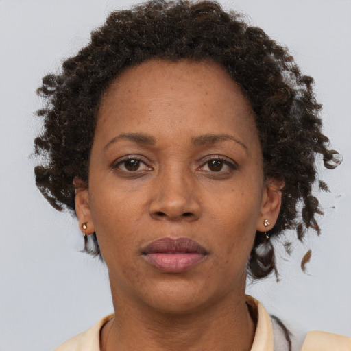 Neutral black adult female with short  brown hair and brown eyes