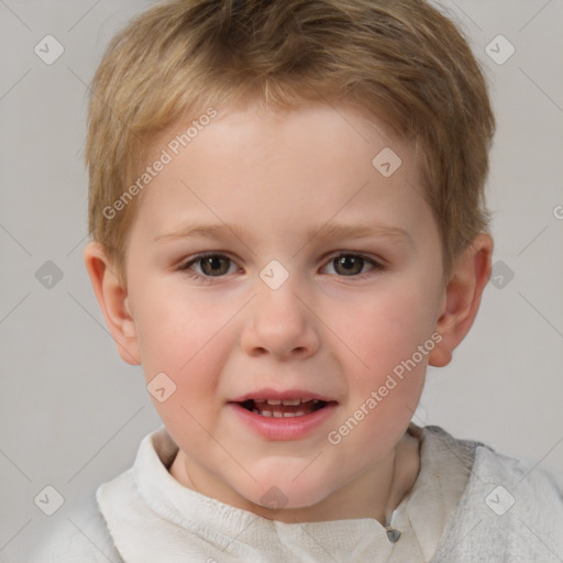 Joyful white child male with short  brown hair and brown eyes