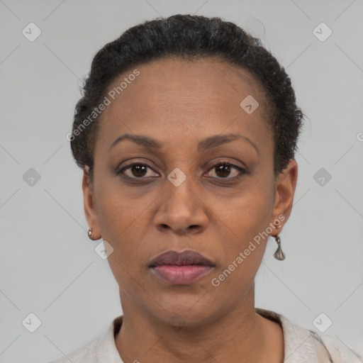 Neutral black adult female with short  black hair and brown eyes