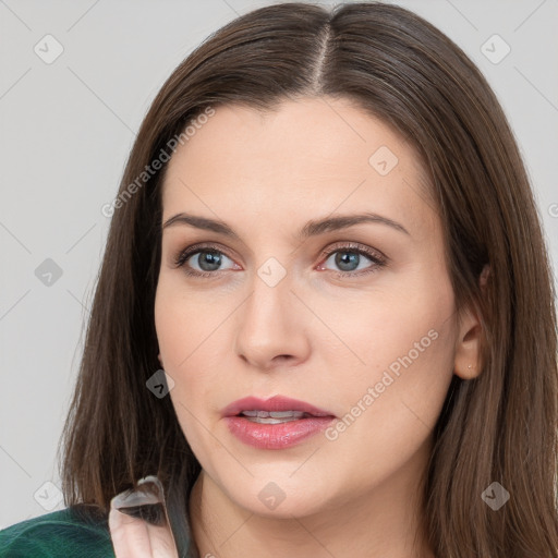 Neutral white young-adult female with long  brown hair and brown eyes