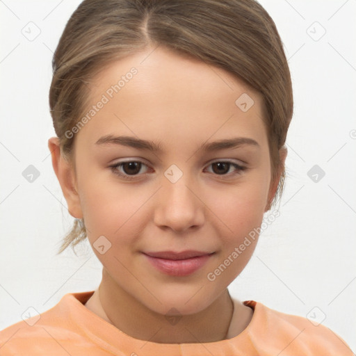 Joyful white child female with medium  brown hair and brown eyes