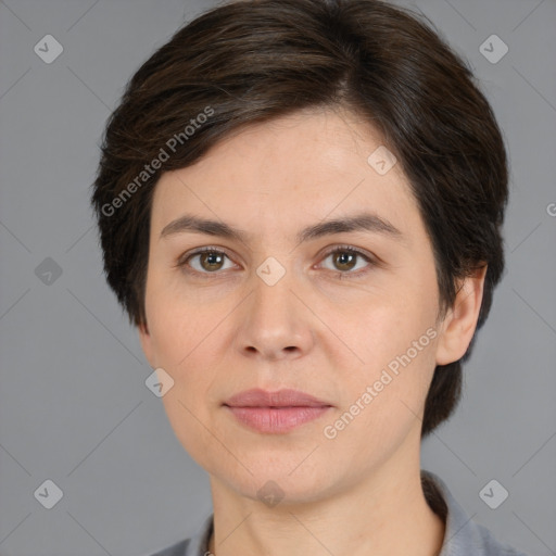 Joyful white young-adult female with medium  brown hair and brown eyes