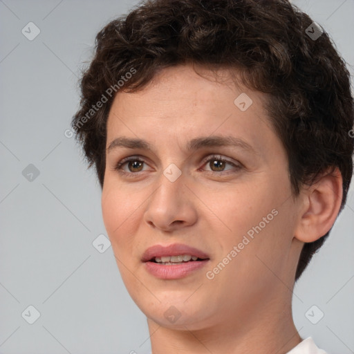 Joyful white young-adult female with short  brown hair and brown eyes