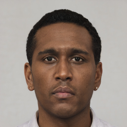 Neutral black young-adult male with short  black hair and brown eyes