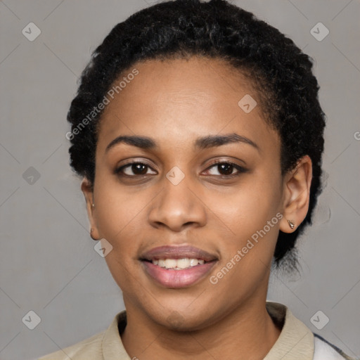 Joyful latino young-adult female with short  black hair and brown eyes