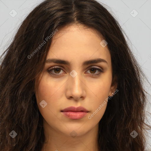 Neutral white young-adult female with long  brown hair and brown eyes