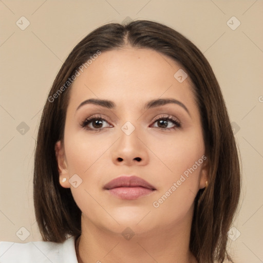 Neutral asian young-adult female with medium  brown hair and brown eyes