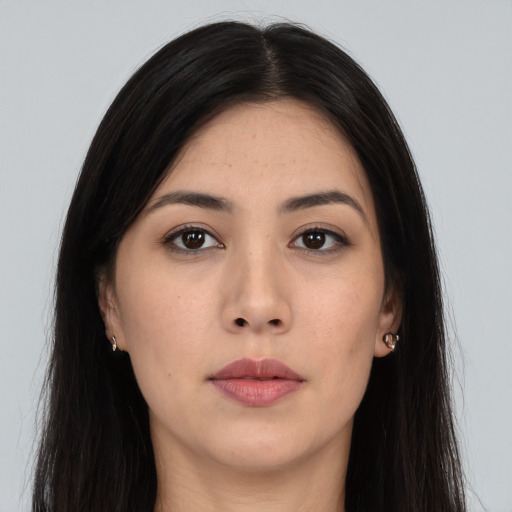 Neutral asian young-adult female with long  black hair and brown eyes