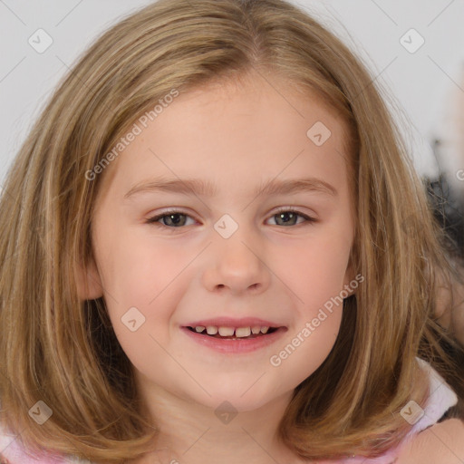 Joyful white child female with medium  brown hair and brown eyes