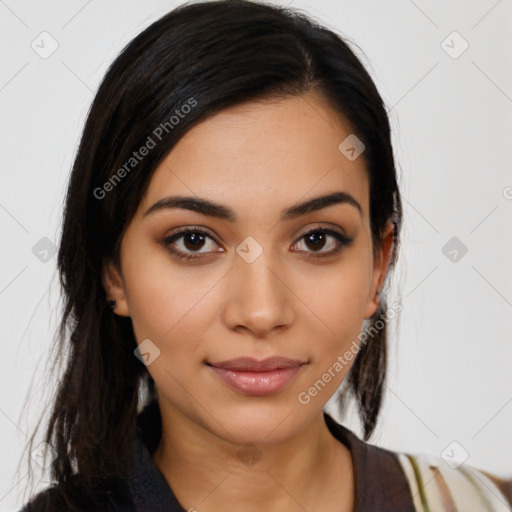 Joyful latino young-adult female with medium  brown hair and brown eyes