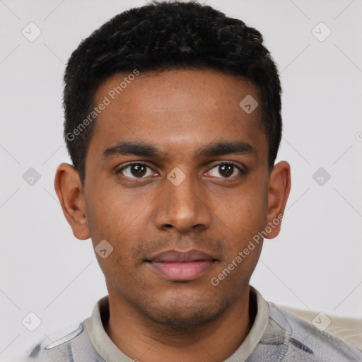 Neutral latino young-adult male with short  black hair and brown eyes