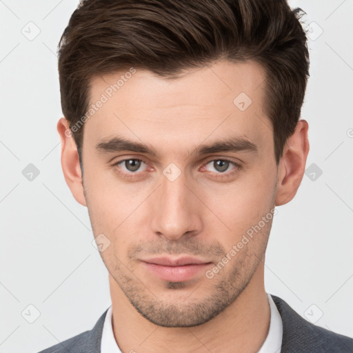 Neutral white young-adult male with short  brown hair and brown eyes