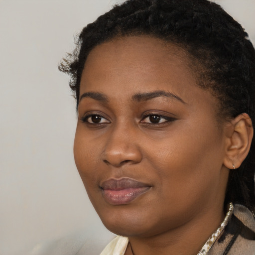 Joyful black young-adult female with short  black hair and brown eyes