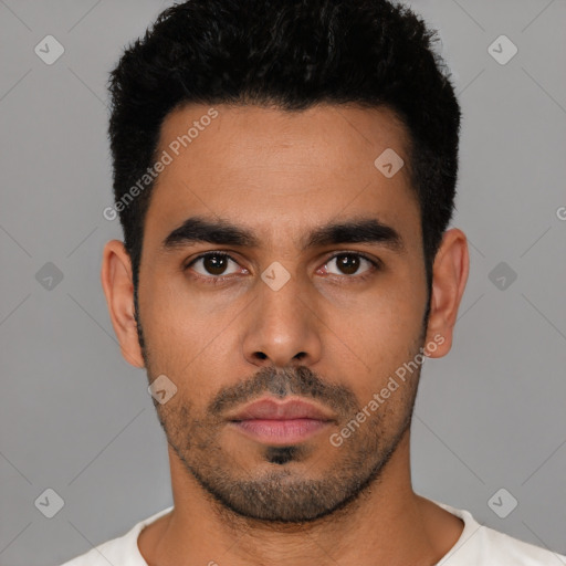 Neutral latino young-adult male with short  black hair and brown eyes