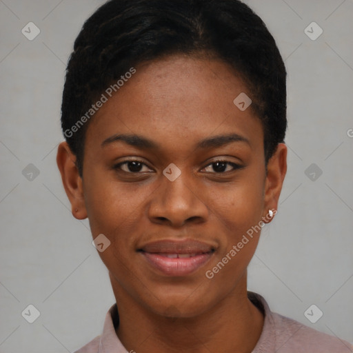 Joyful black young-adult female with short  black hair and brown eyes