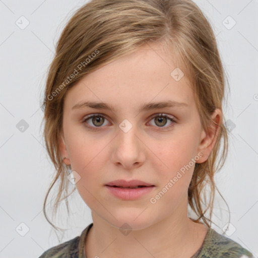 Neutral white young-adult female with medium  brown hair and grey eyes