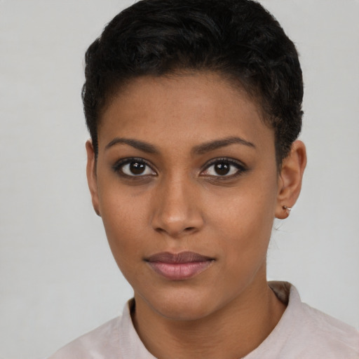 Neutral latino young-adult female with short  brown hair and brown eyes