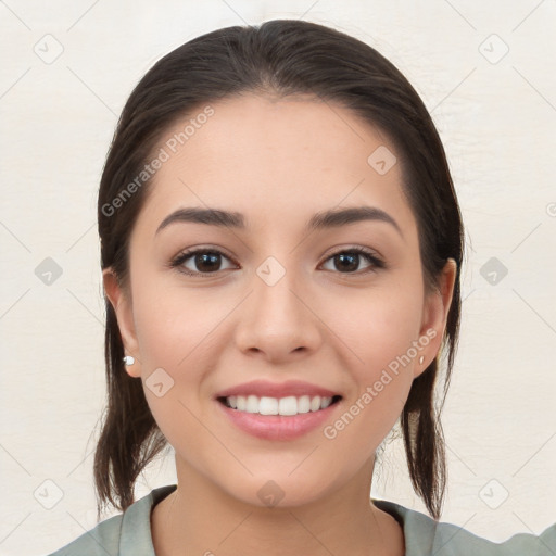 Joyful white young-adult female with medium  brown hair and brown eyes