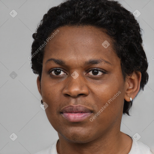 Neutral black young-adult female with short  black hair and brown eyes