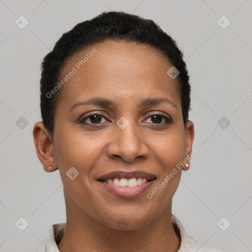 Joyful latino young-adult female with short  brown hair and brown eyes