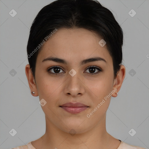 Joyful white young-adult female with short  brown hair and brown eyes