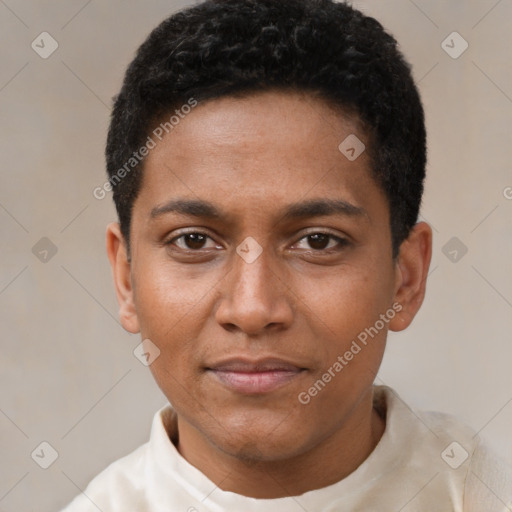 Joyful black young-adult male with short  black hair and brown eyes