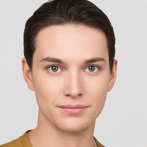 Neutral white young-adult male with short  brown hair and brown eyes