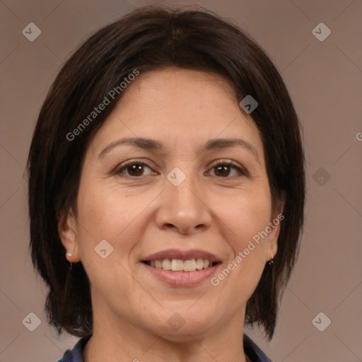 Joyful white adult female with medium  brown hair and brown eyes