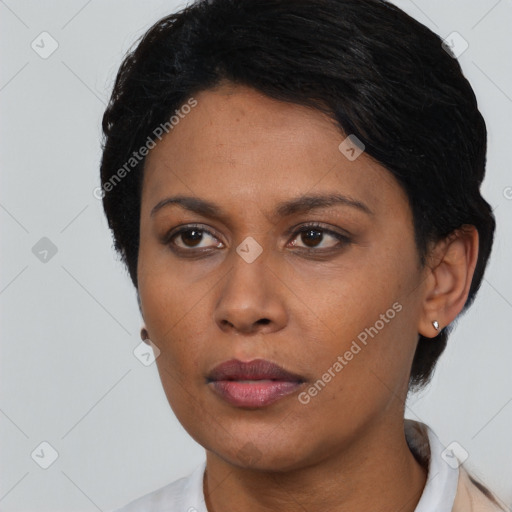 Neutral black young-adult female with short  black hair and brown eyes