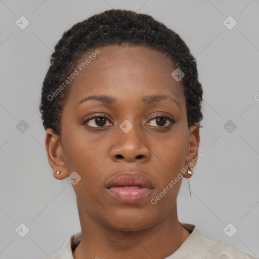 Neutral black young-adult female with short  brown hair and brown eyes