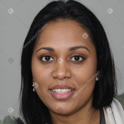 Joyful asian young-adult female with long  black hair and brown eyes