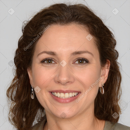 Joyful white young-adult female with medium  brown hair and green eyes