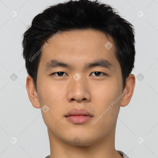 Neutral asian young-adult male with short  black hair and brown eyes