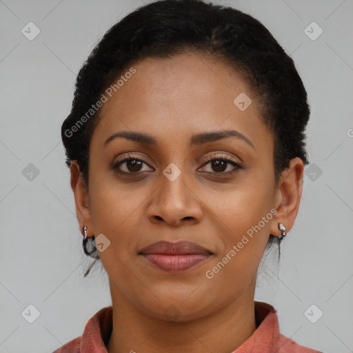 Joyful latino young-adult female with short  brown hair and brown eyes