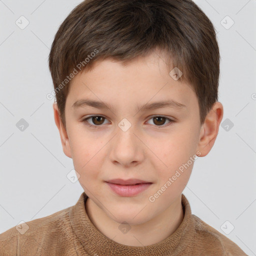 Joyful white child male with short  brown hair and brown eyes