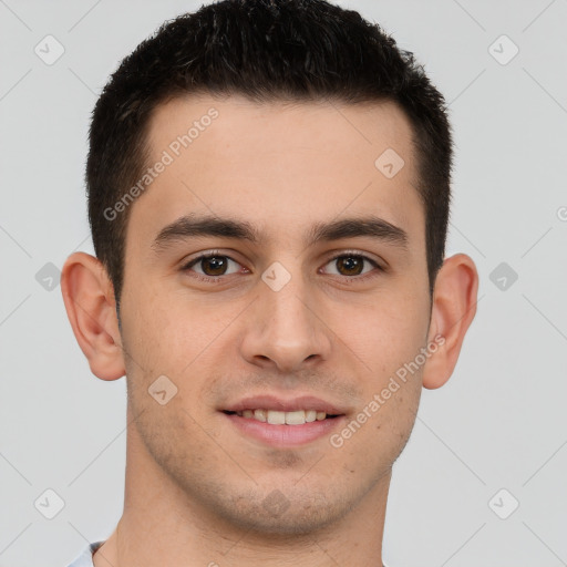 Joyful white young-adult male with short  brown hair and brown eyes