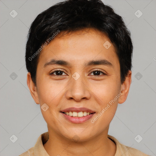 Joyful asian young-adult male with short  black hair and brown eyes