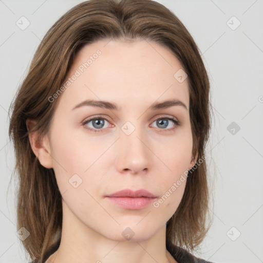 Neutral white young-adult female with medium  brown hair and grey eyes