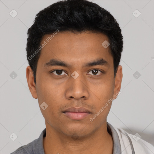 Neutral asian young-adult male with short  black hair and brown eyes